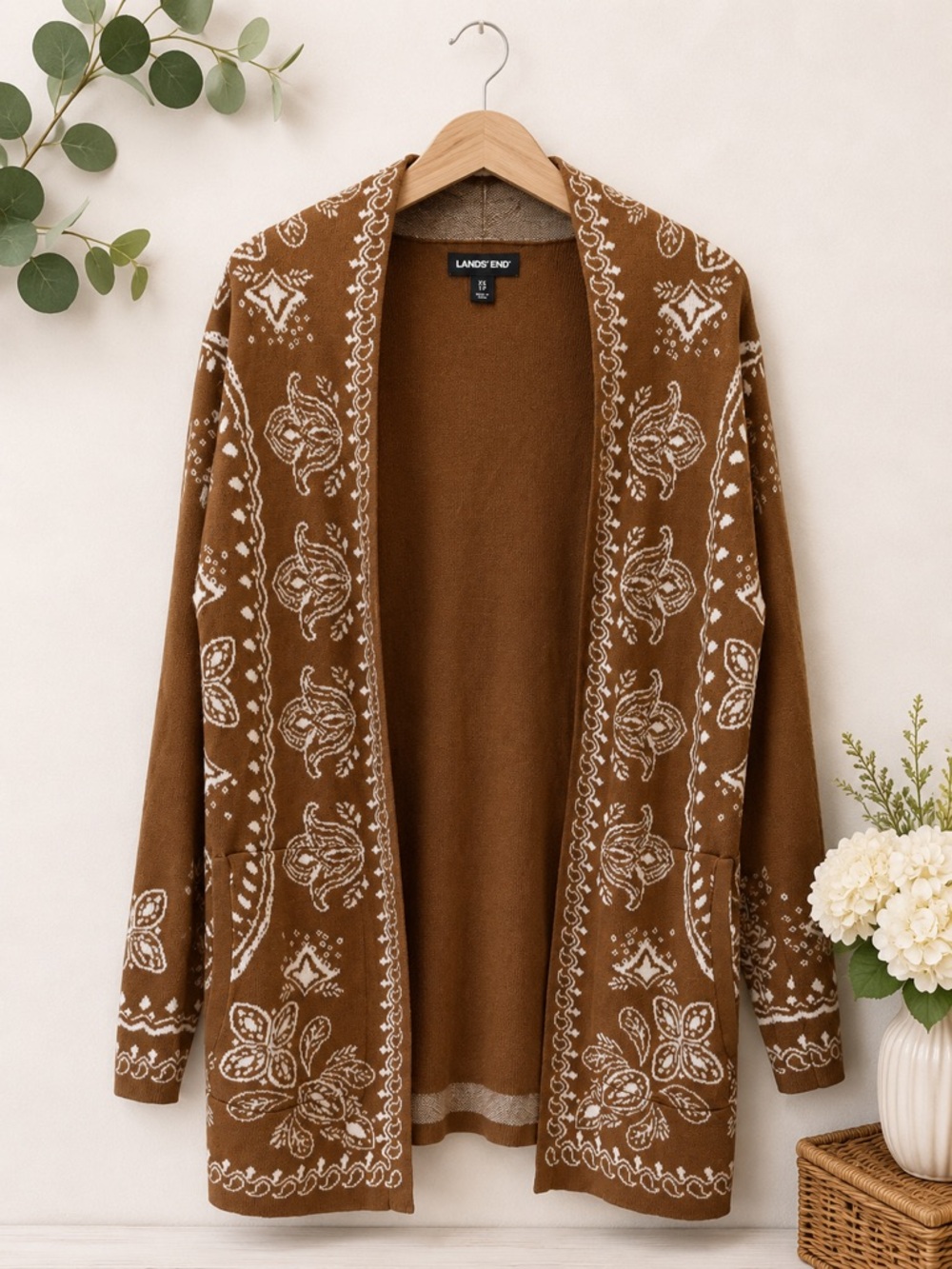 Lands’ End 100% Cotton Paisley Open Front Cardigan Sweater XS